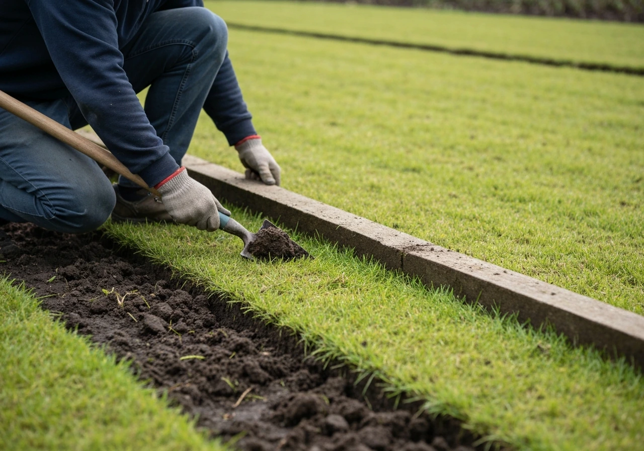 Tuinman maakt een sleuf langs de grasrand en plaatst een wortelbarrière tegen kweekgrasuitlopers.