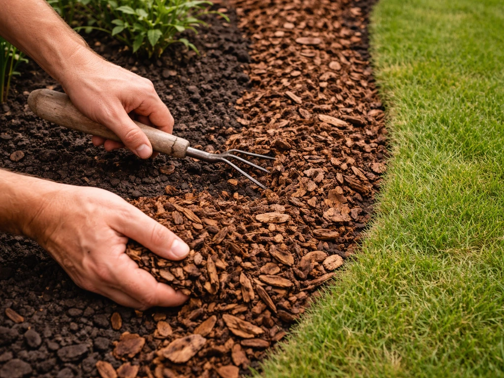 Handen die boomschors en houtsnippers van circa 5–8 cm aanbrengen langs de tuinborder.