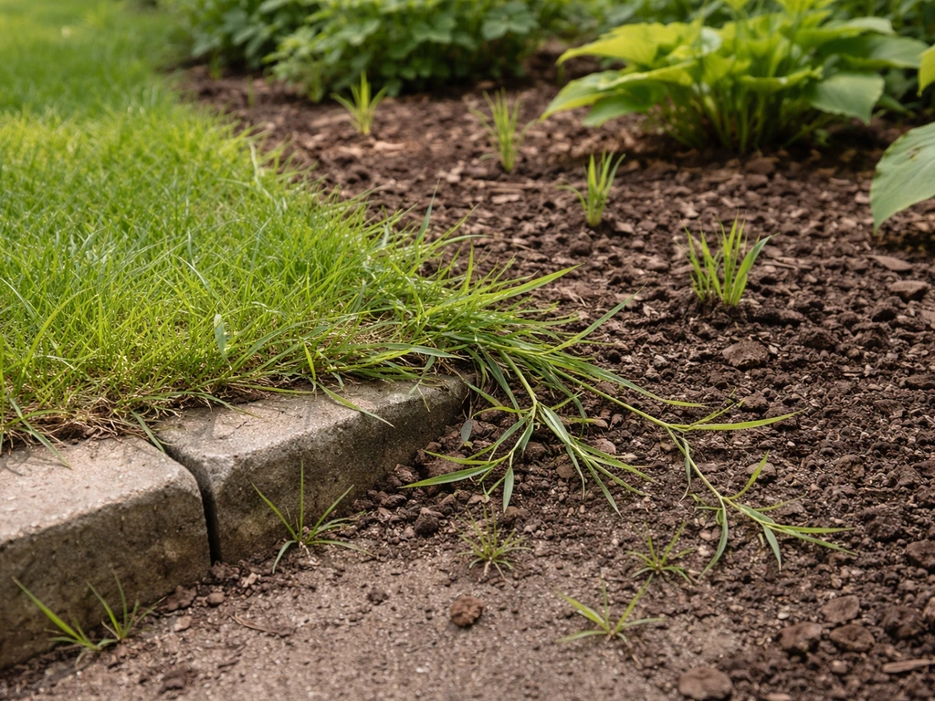 Groene gras-uitlopers groeien door de border en dringen beplanting binnen, zichtbaar probleem in de tuin.