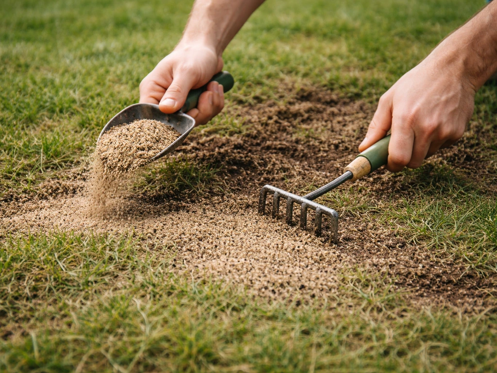 Hand strooit topdressing op herstelde grasmat en strijkt de bovenlaag glad