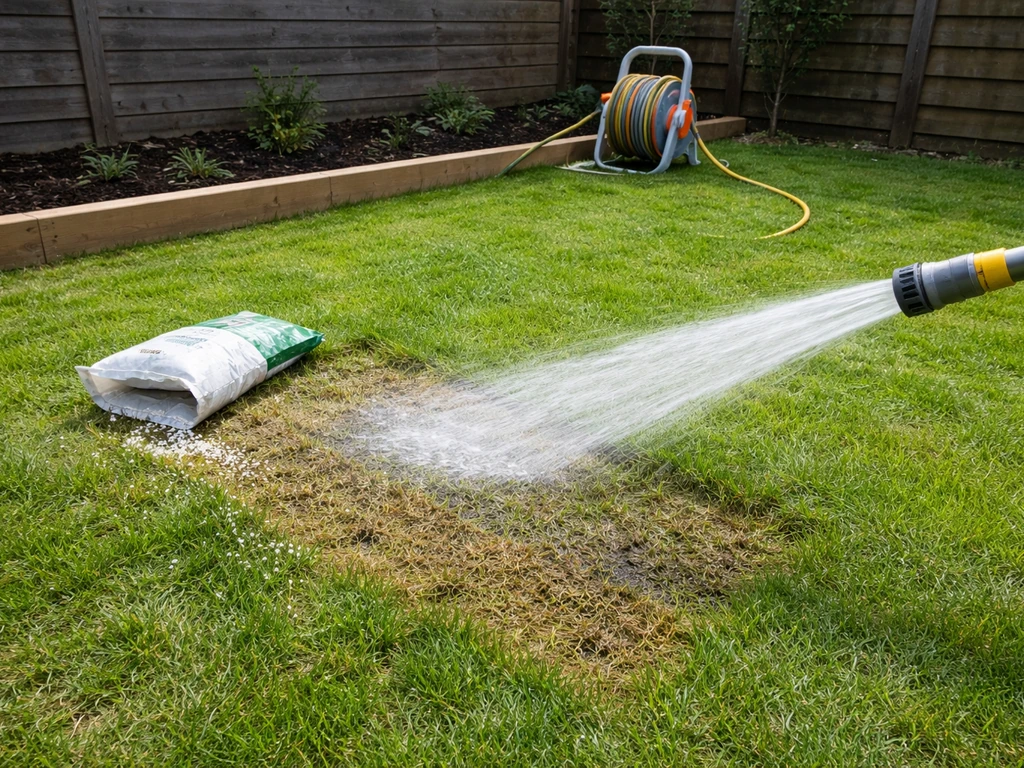 Tuinman stopt met bemesten en spoelt een beschadigd gazonvak door met een tuinslang; gerichte waterstraal