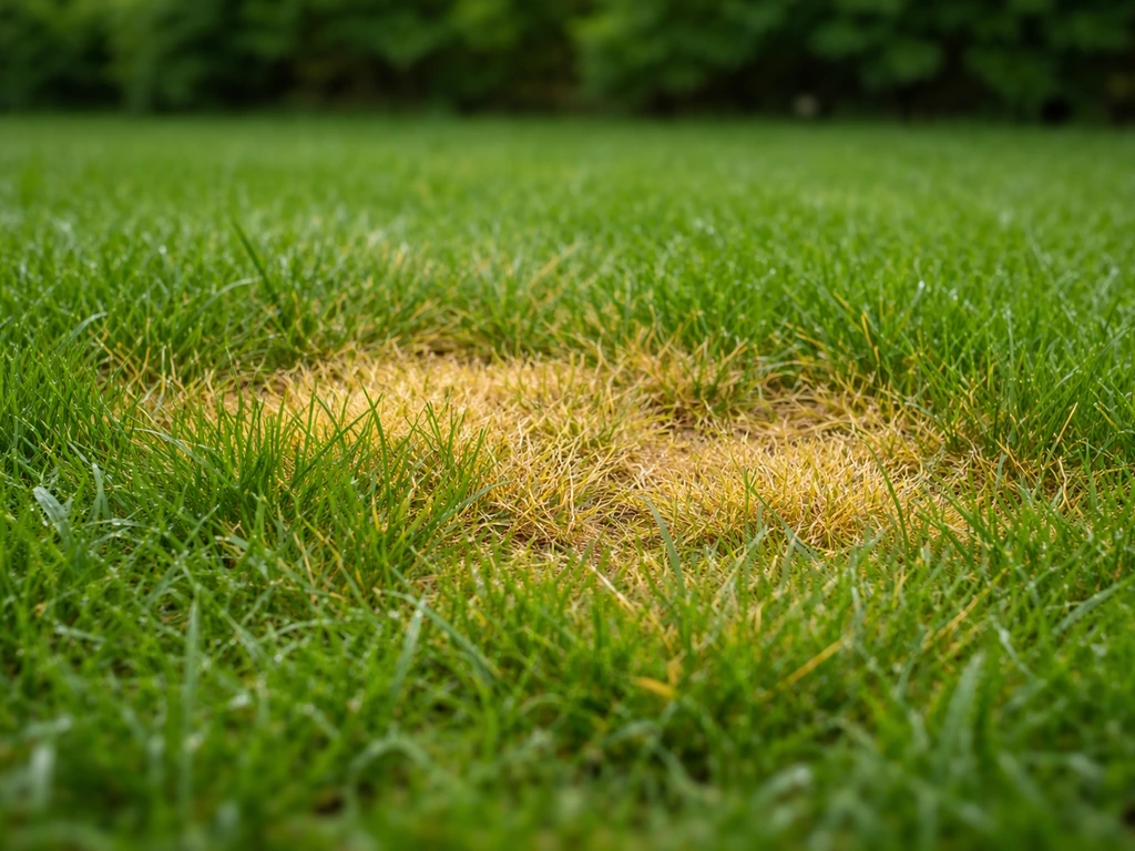 Close-up van een gazon met gele, beschadigde plekken en nog veerkrachtig groen gras na doorspoelen.