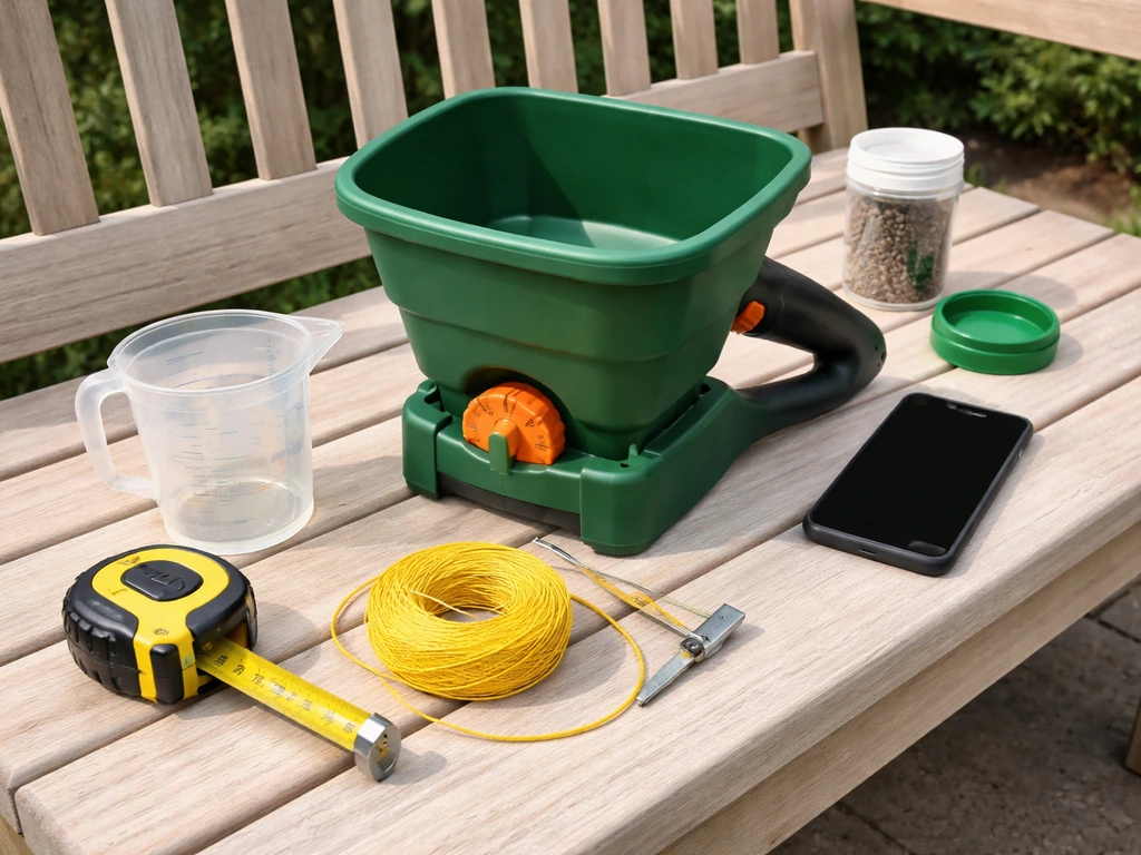 Flatlay van bemestingsbenodigdheden: strooier, maatbeker/weegschakel, meetlint en smartphone, in tuinsetting.