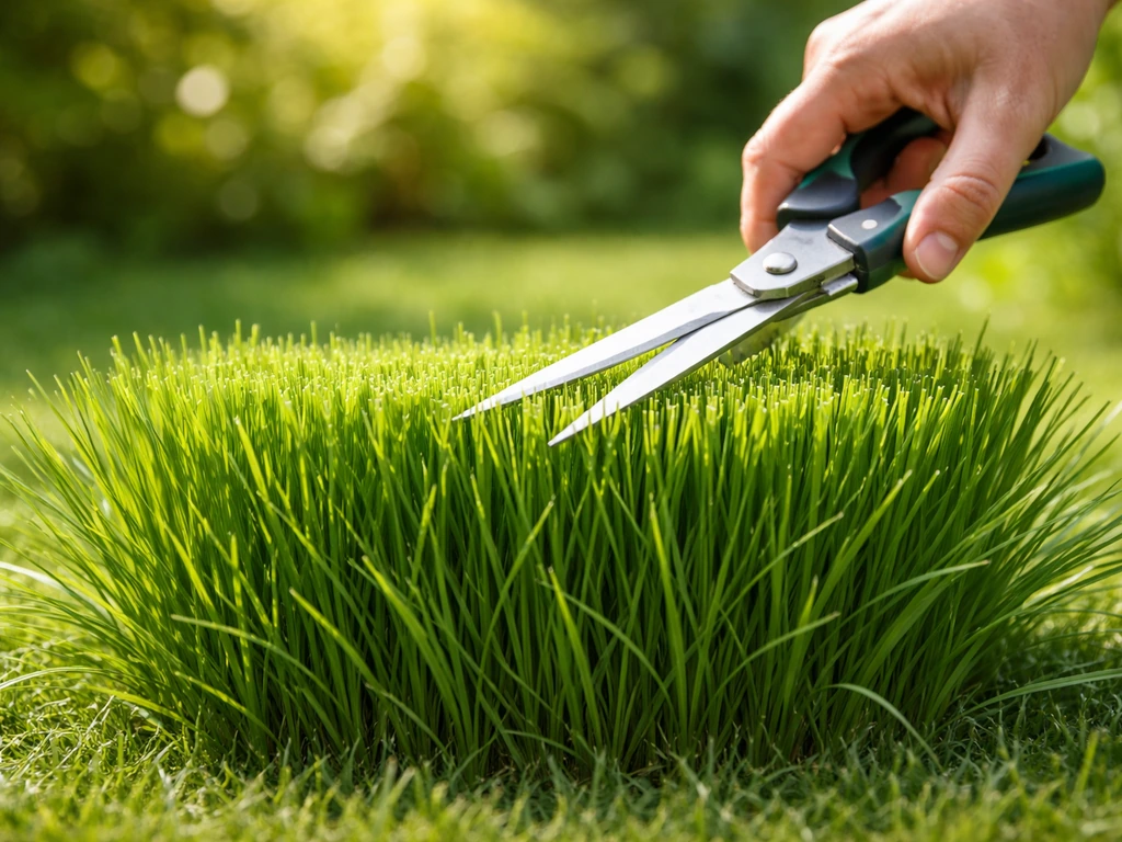 Close-up van een graspol die met een handgrasschaar wordt bijgeknipt, met zichtbare nette kniphoogte.