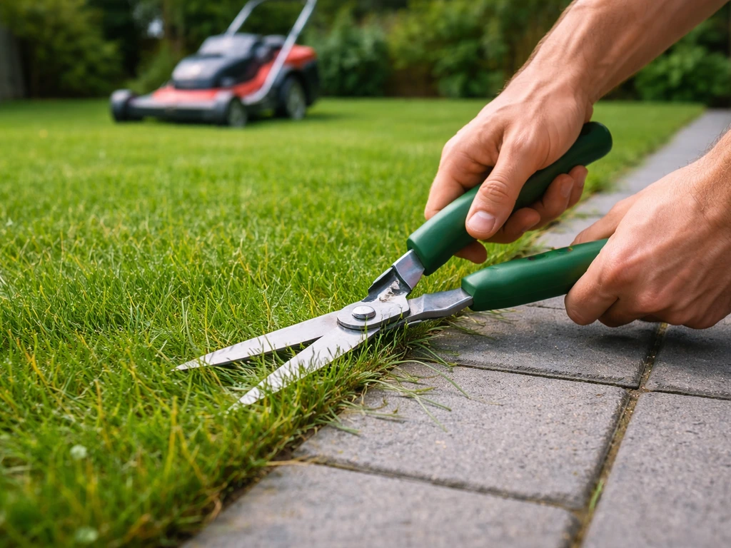 Tuinman knipt gras met een schaar in een smalle hoek, terwijl een grasmaaier op de achtergrond staat.