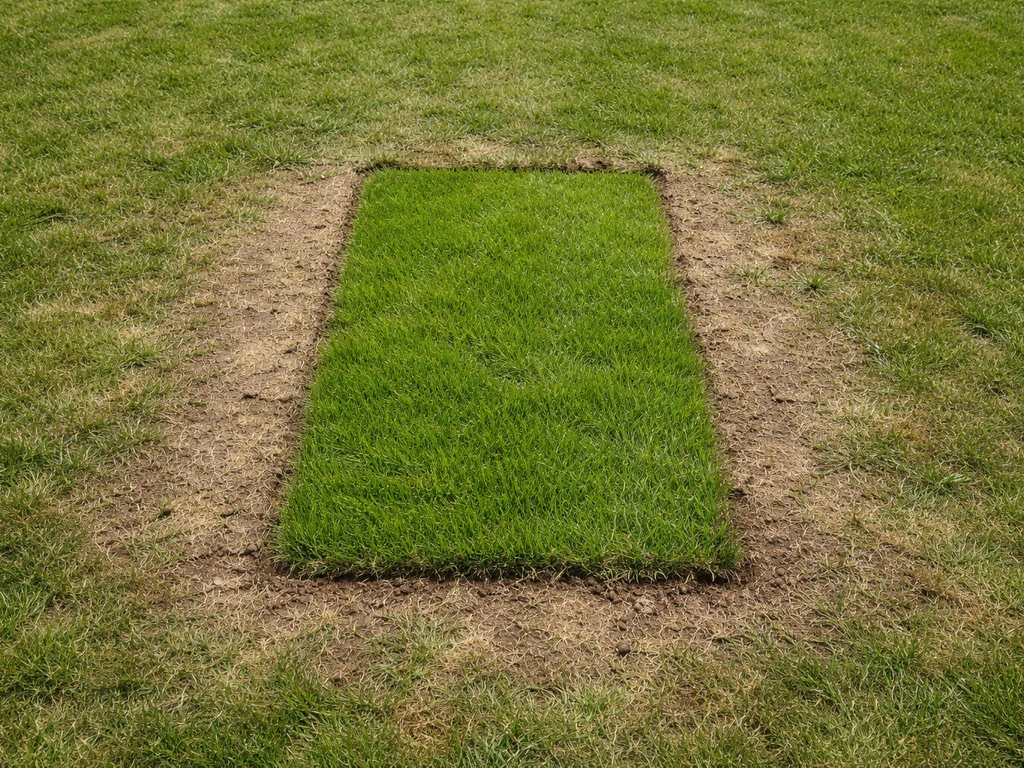 Bovenaanzicht van een herstelde plek in een Nederlands gazon met nieuw, fris gras in contrast.