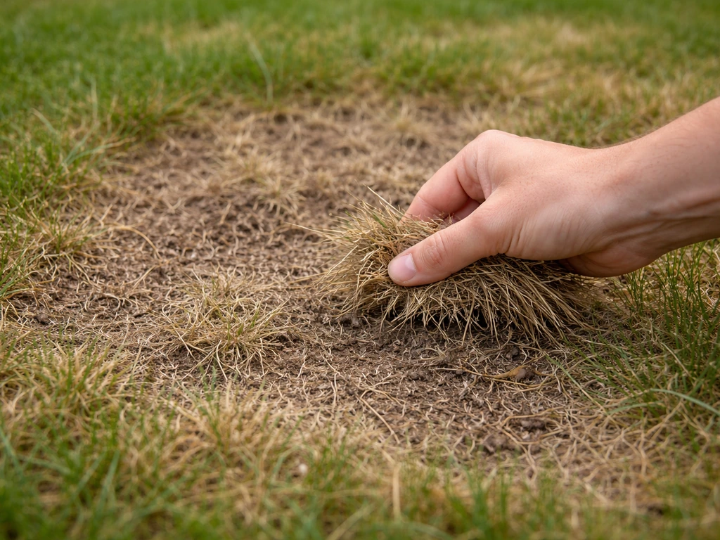 Close-up van een beschadigde gazonplek met viltig/uitgeput gras en een hand die gras uit de plek trekt.