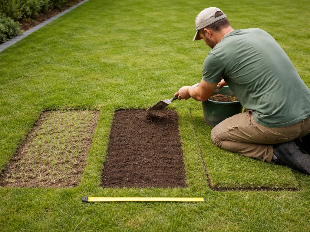 Tuinier met schep bij een kleine grasmat, met drie herstellingen naast elkaar in een rustige tuinsetting.