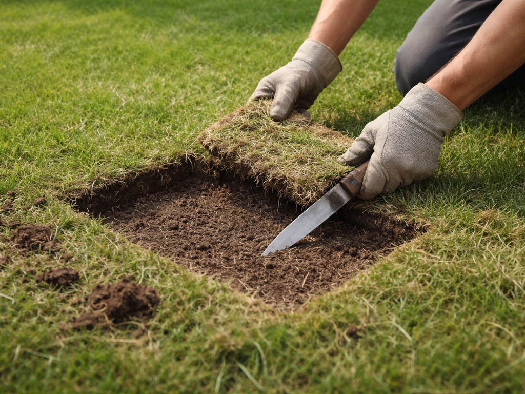 Handen steken kapot gras uit tot circa 5 cm diep en verwijderen dode zode en viltlaag in het gazon.