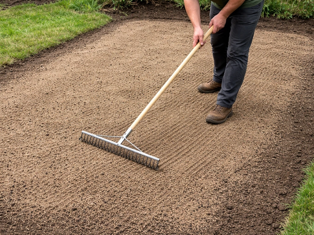 Persoon met een hark egaliseert een tuinperceel en brengt een dun laagje zand/compost topdressing gelijkmatig aan.