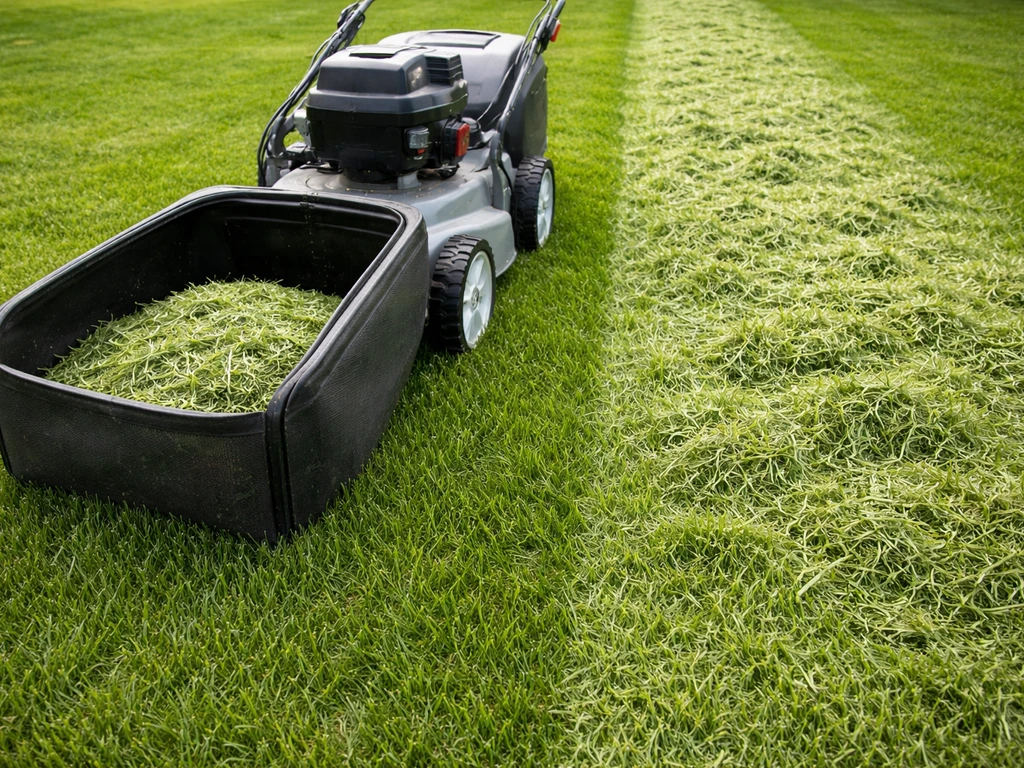 Twee stroken gazon: maaisel in opvangbak links en maaisel dat op het gras blijft liggen rechts.