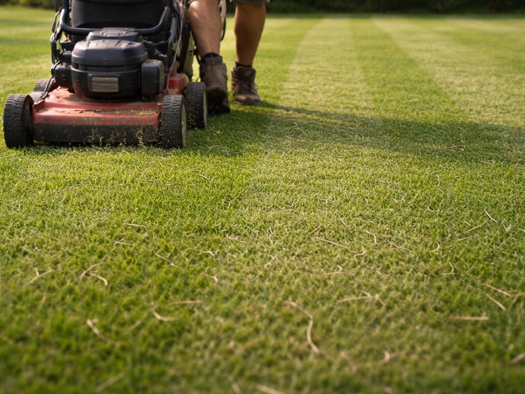 Gazon in close-up met losse gemaaide snippers na mulchen, droog gras en geen viltvorming.