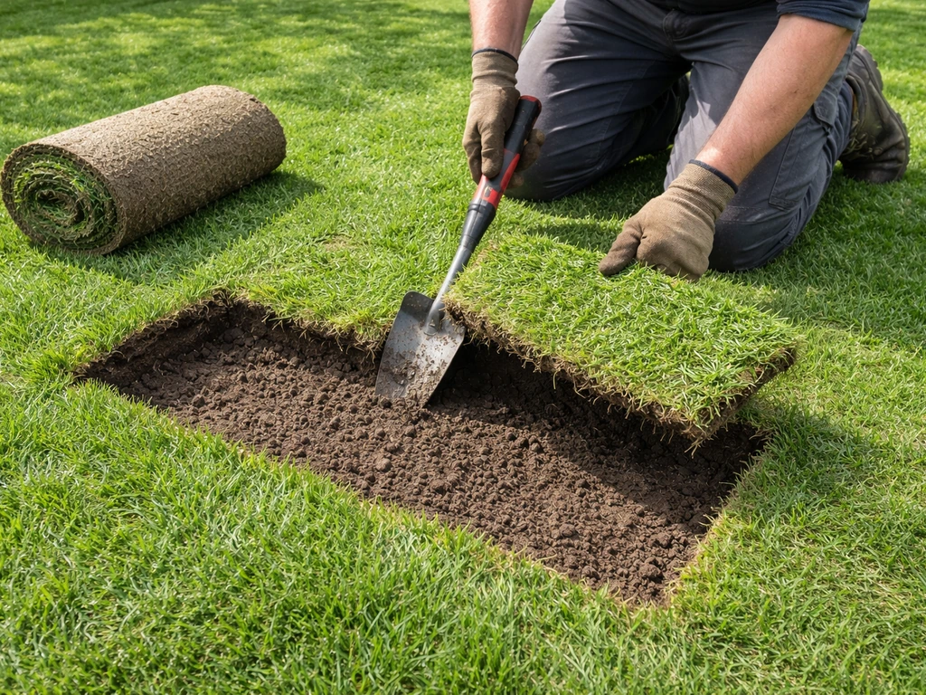 Tuinier die met een graszodenschop een strook gras uitsnijdt in een gazon, met zichtbare uitgegraven sleuf
