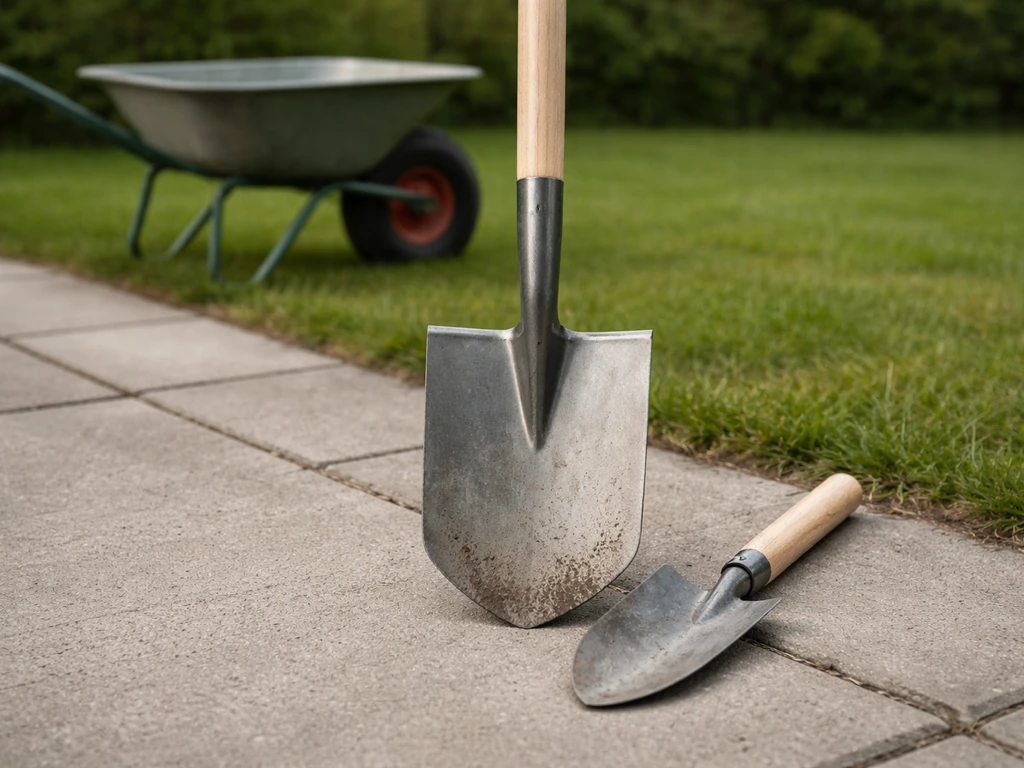 Graszodenschop en basisgereedschap op een oprit, klaar om graszoden uit te snijden en af te steken.