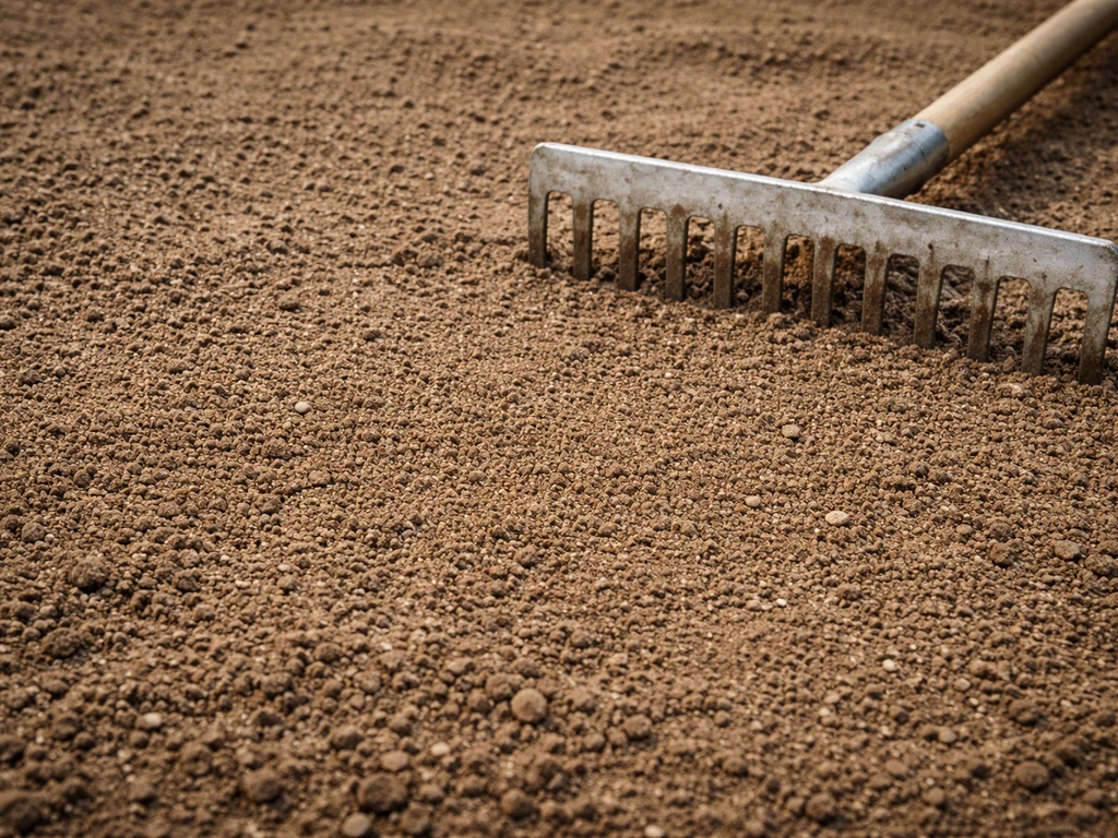 Vlak geharkte moestuinbodem met zand en tuingrond opvulling, klaar om te zaaien of aan te leggen.