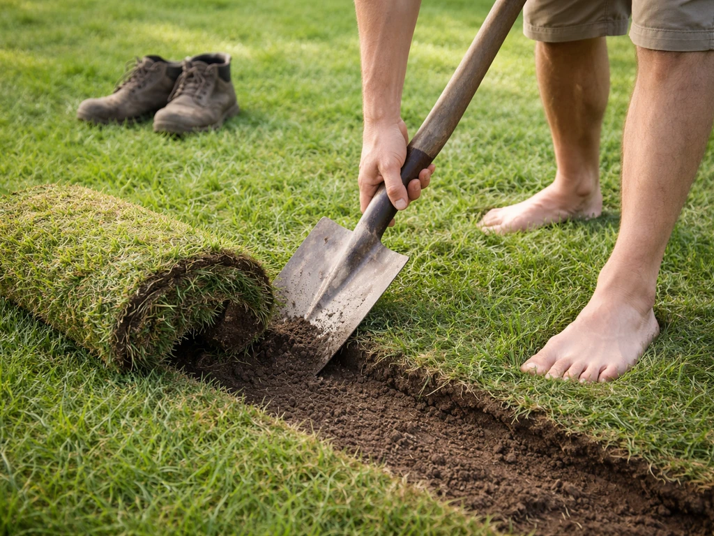 Handen met spade en sodensteker steken een graszode los; opgerolde grasmat met zichtbare aarde.