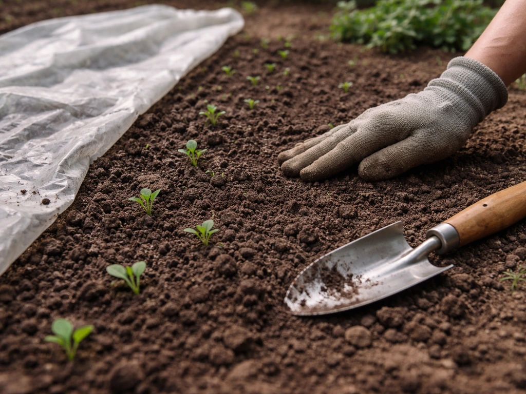 Close-up van schone tuinbodem met beginnende hergroei en afdekfolie, handen die de plek controleren.