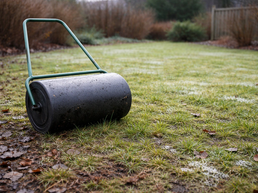 Wintergazon dat herstelt met een gazonroller klaar in een rustige tuin