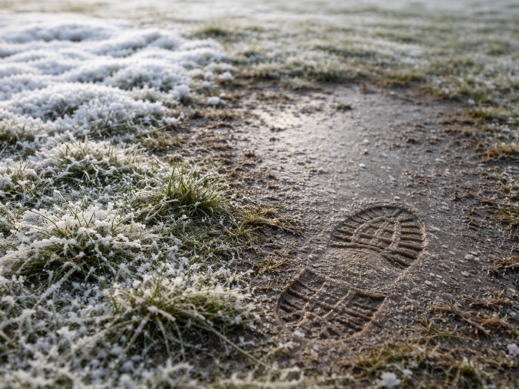 Een besneeuwd gazon met een bevroren plakkerige plek waar iemand een stap terughoudt