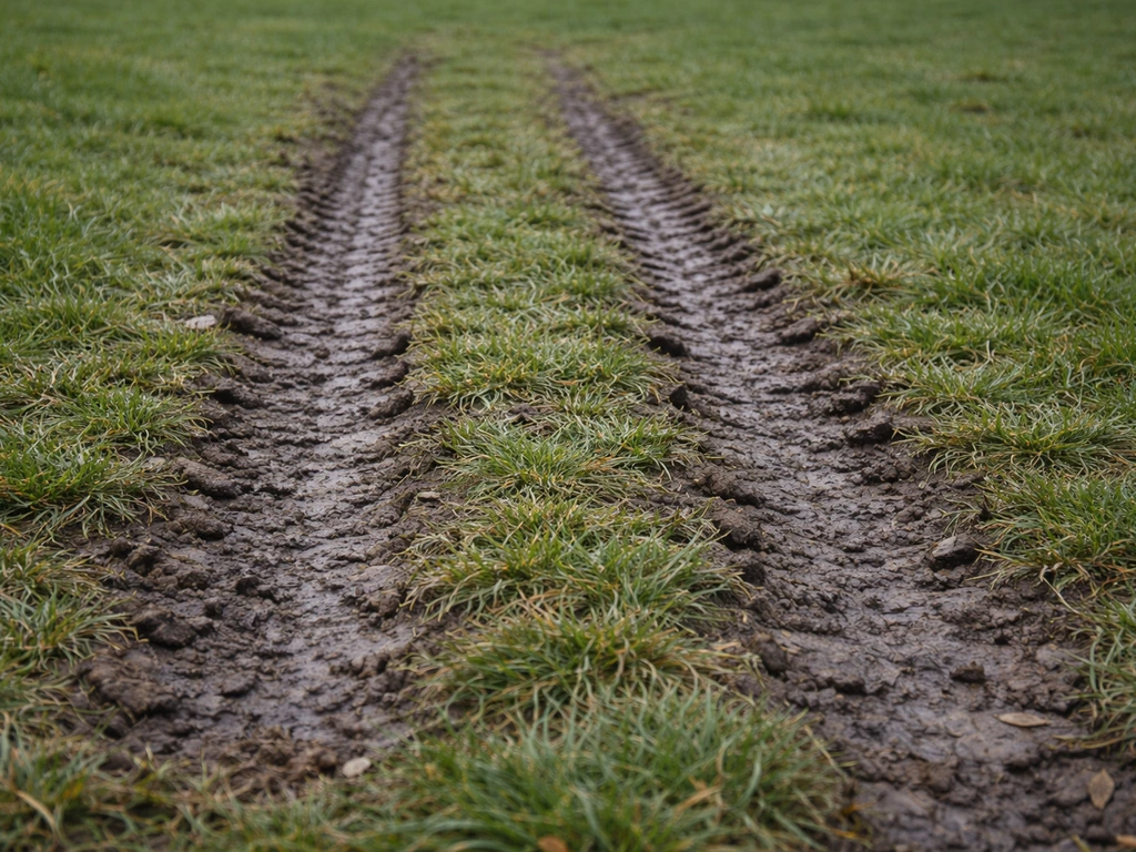 Rolsporen in verdichte grasmat na vorst of regen, met alleen kale, ingedrukte plekken in beeld.