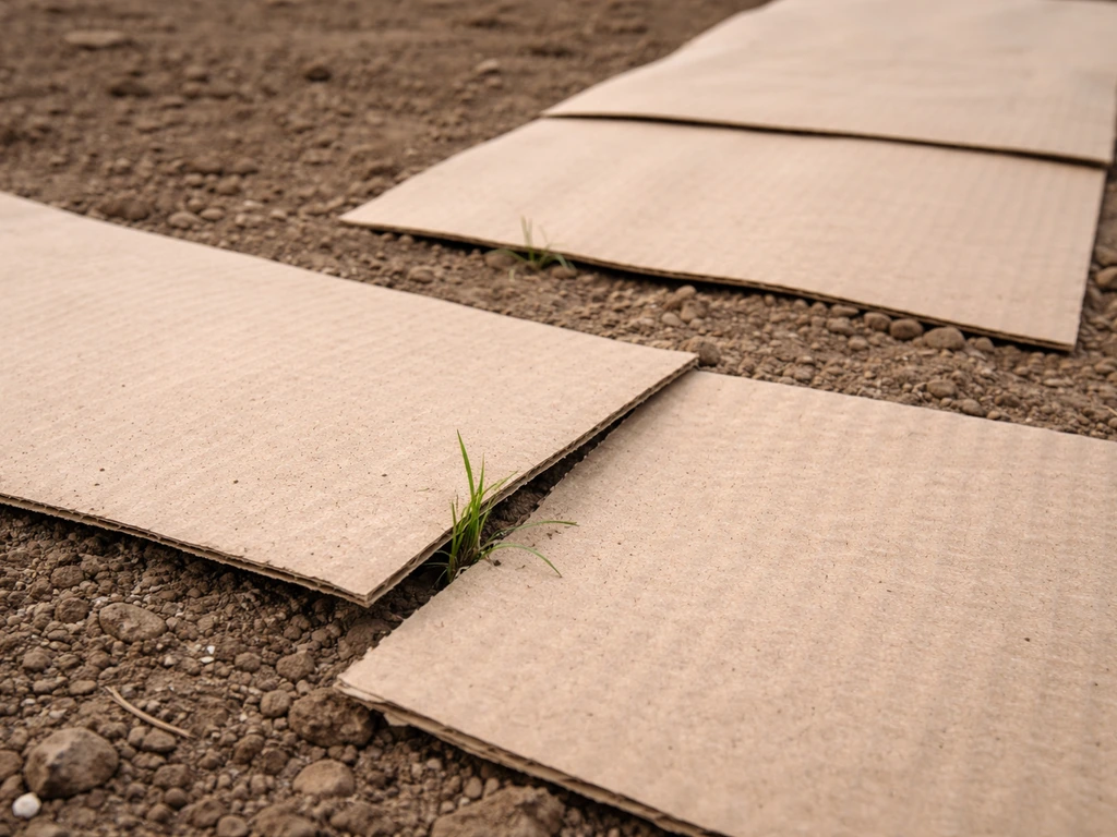 Close-up van te kleine overlap tussen tuinkarton met open naad en gras dat dreigt terug te groeien, naast een bredere ju