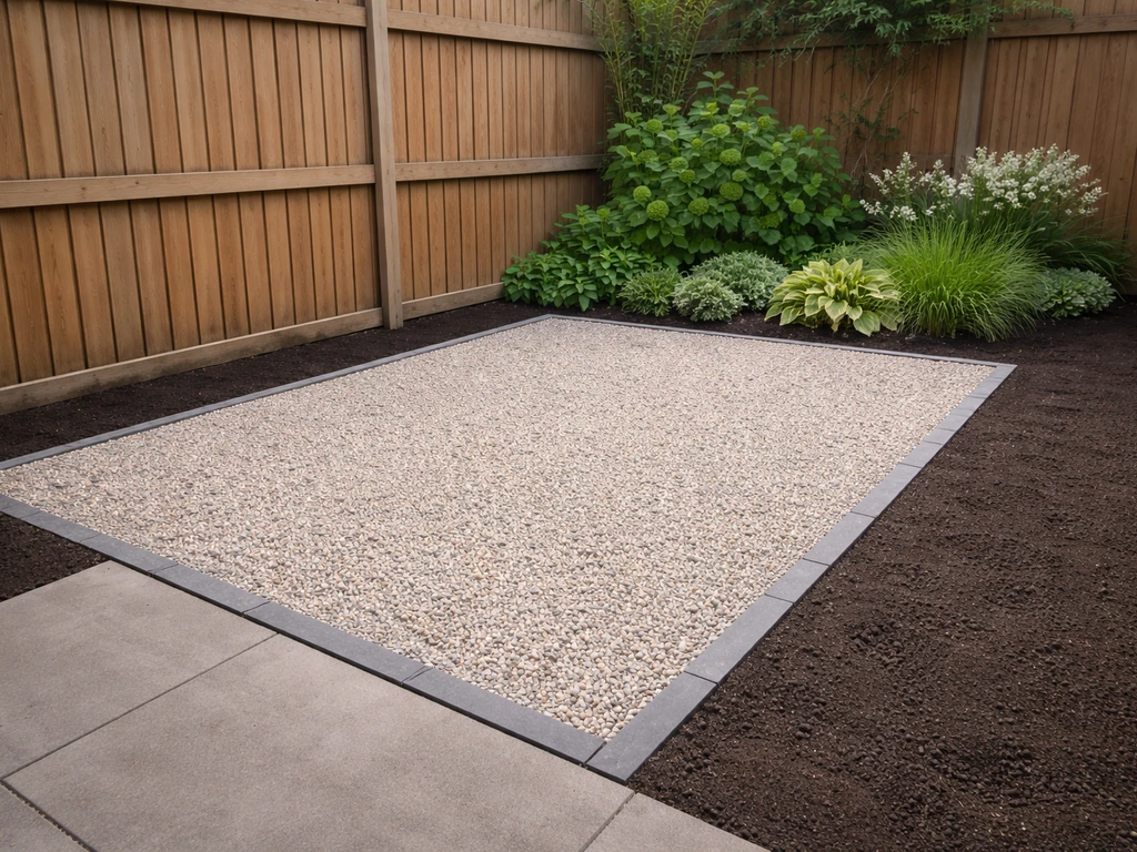 Nette tuin met grind in plaats van gras, schone afwerking langs een pad en donkere onkruidvrije ondergrond.