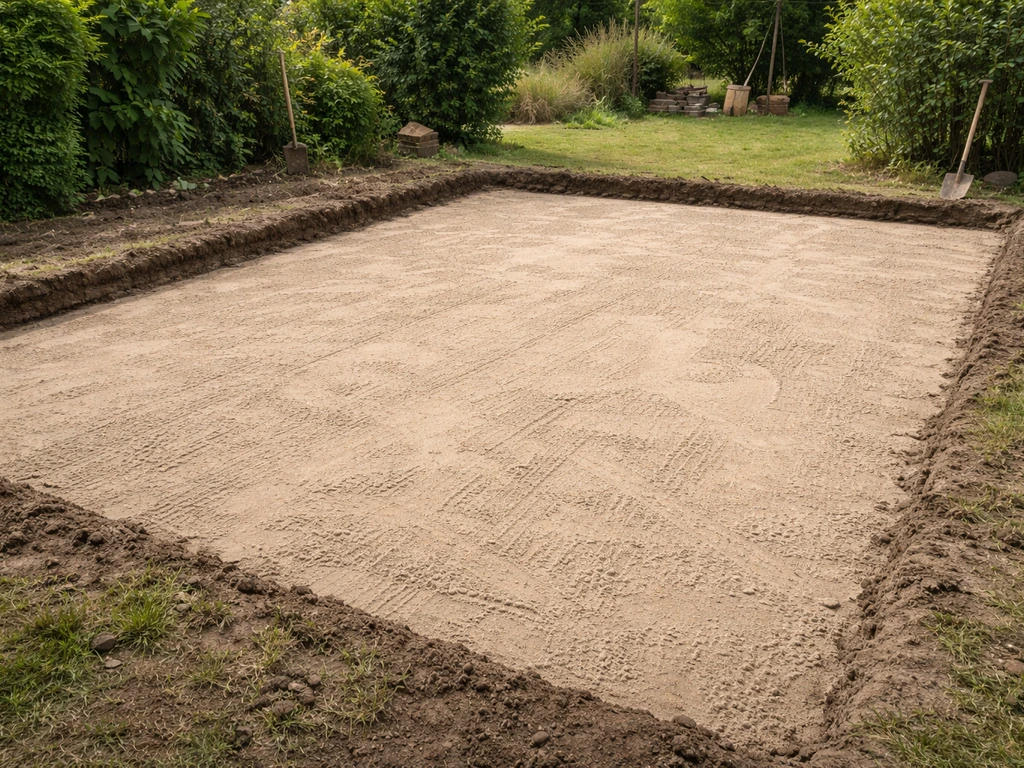 Afgegraven grasland met vlakke zand/onderbouw, klaar voor worteldoek en onkruidonderdrukking.