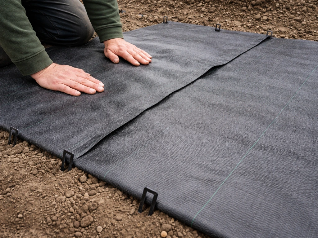 Achtertuinwerker legt waterdoorlatend worteldoek met overlapping en vastgezette randen met grondpennen.