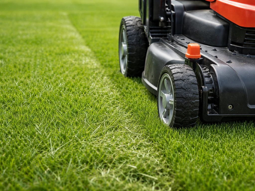 Close-up van een grasmaaier met afgemaaid gazon en zichtbare maaihoogte-instelling, gezond en niet te laag.