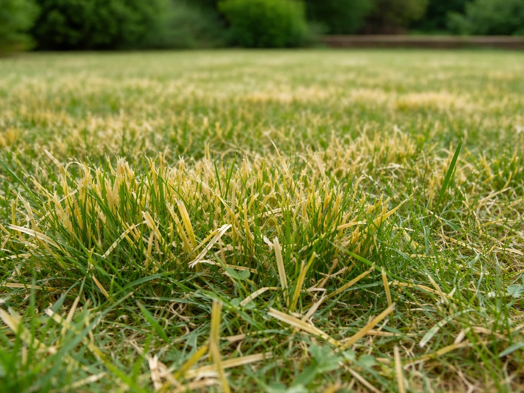 Geel verkleurd gras en rafelige grassprietjes direct na het maaien, met contrast op maaisnede/diepte