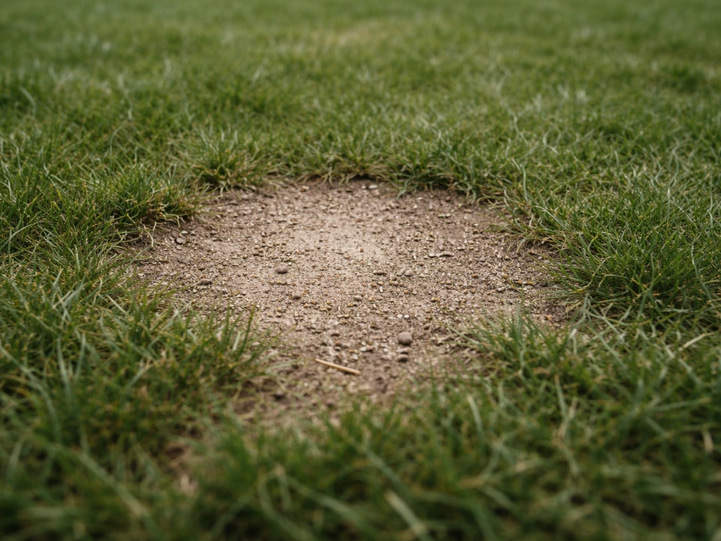 Kale plek in het gazon met omliggend groen gras, onregelmatige randen zichtbaar in natuurlijk licht.