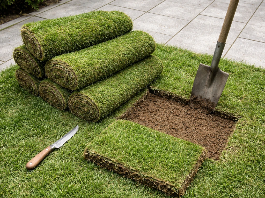 Bovenaanzicht van uitgesneden graszoden met aarde en scherpe steekspade, klaar om te verplaatsen.