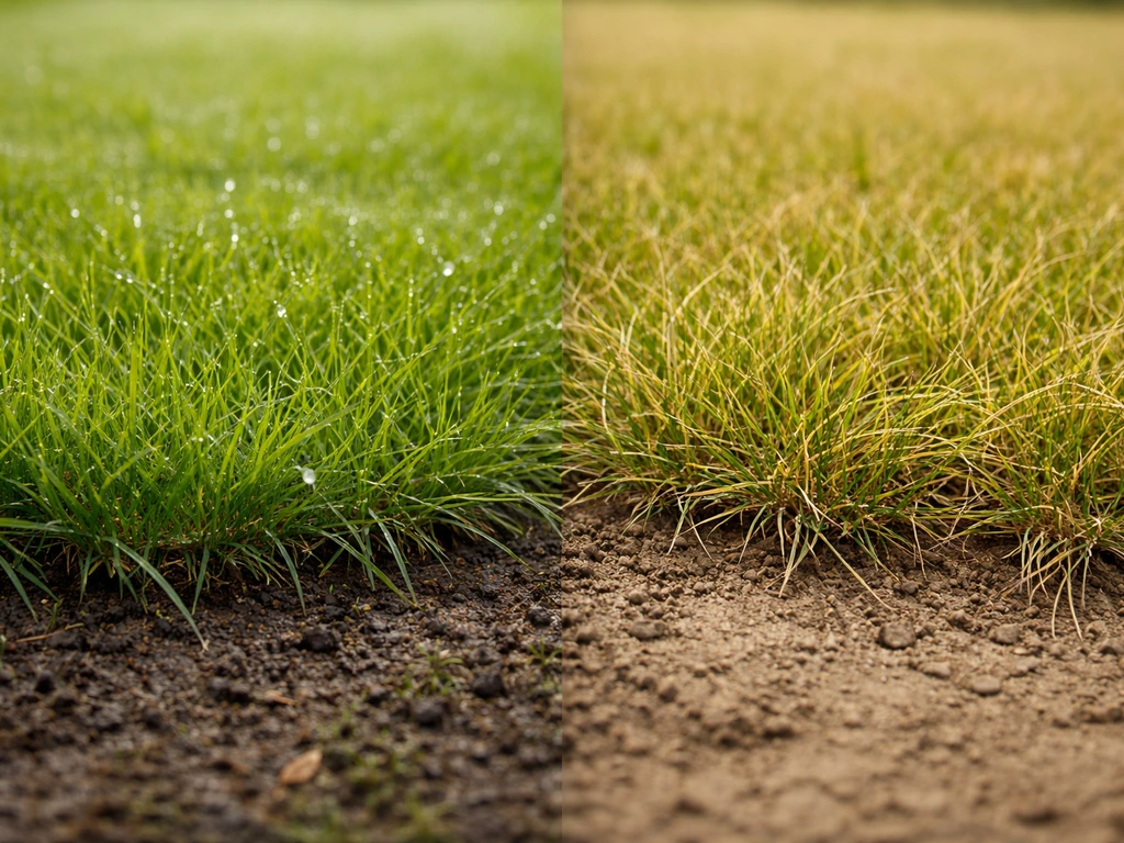 Vochtige grasstrook in het vroege voorjaar naast drogere, gelere grasstrook in de zomer.