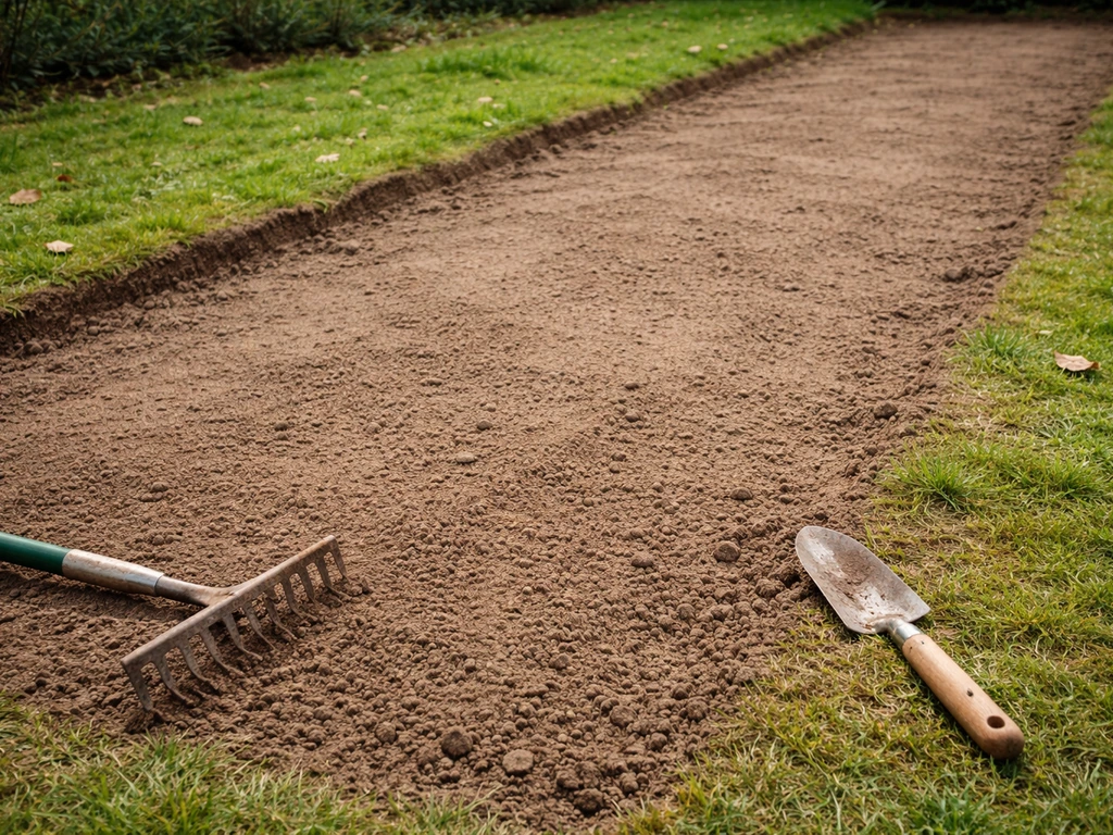 Voorbereide tuinbodem met losgemaakte grond; handhark en spade klaar voor het verplaatsen van gras.