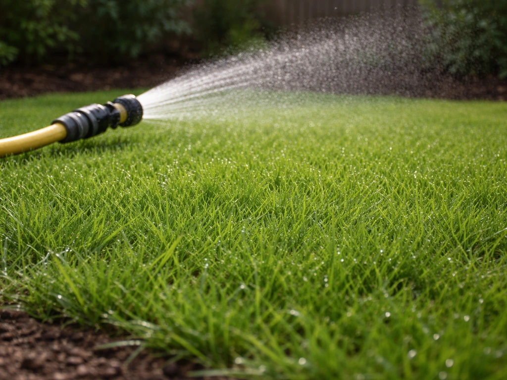 Jonge grasmat wordt gelijkmatig beregend; bodem blijft licht vochtig zonder plassen in een rustige tuin.