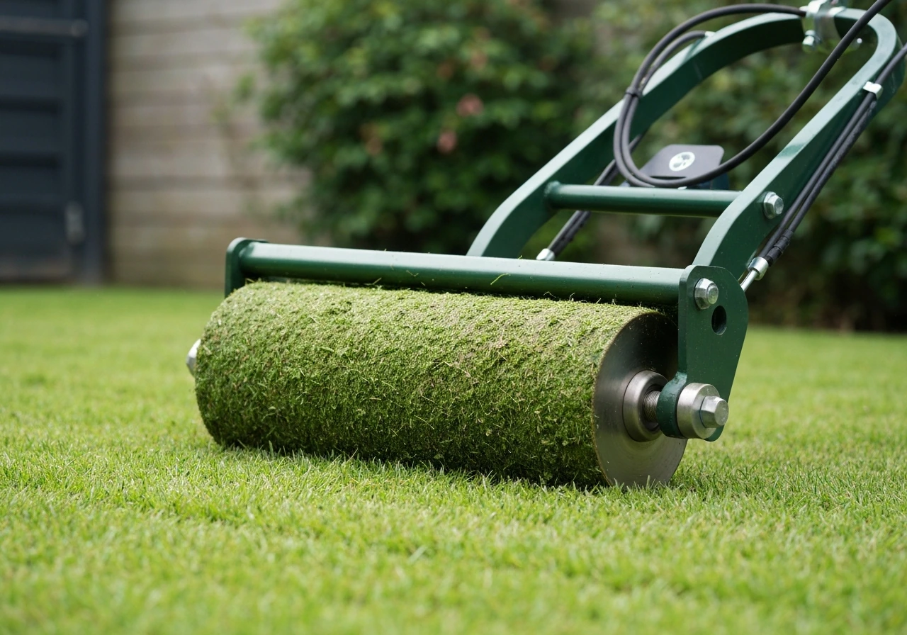 Close-up van een grasroller die een strook Nederlands gazon aanrolt voor een vlakker resultaat.