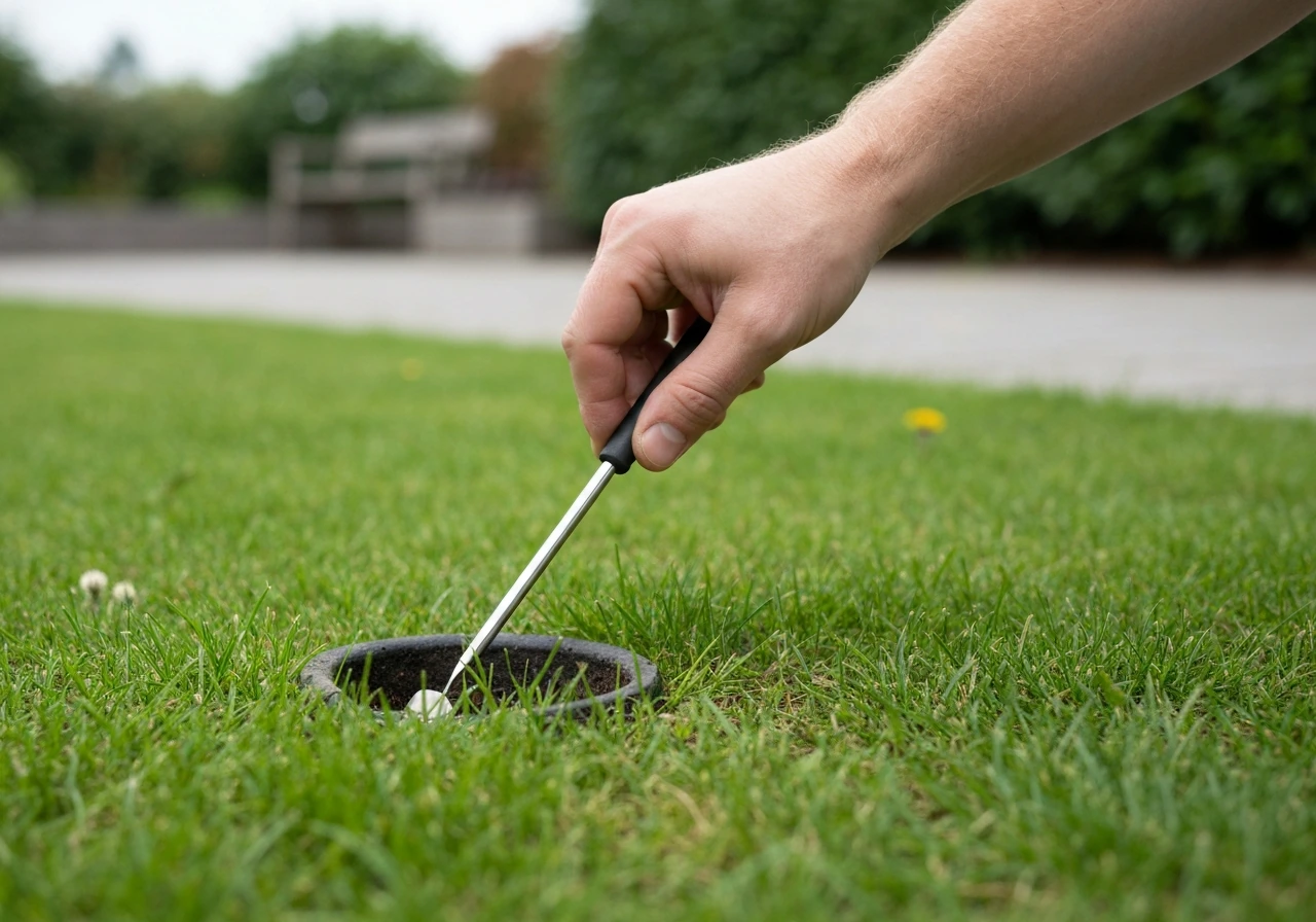 Hand duwt een schroevendraaier met lichte druk in het gazon om te checken of de grond werkbaar is.