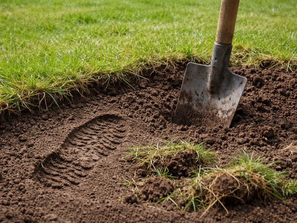 Handschep in stevige, licht vochtige tuingrond met duidelijke voetafdruk, klaar om gras af te steken