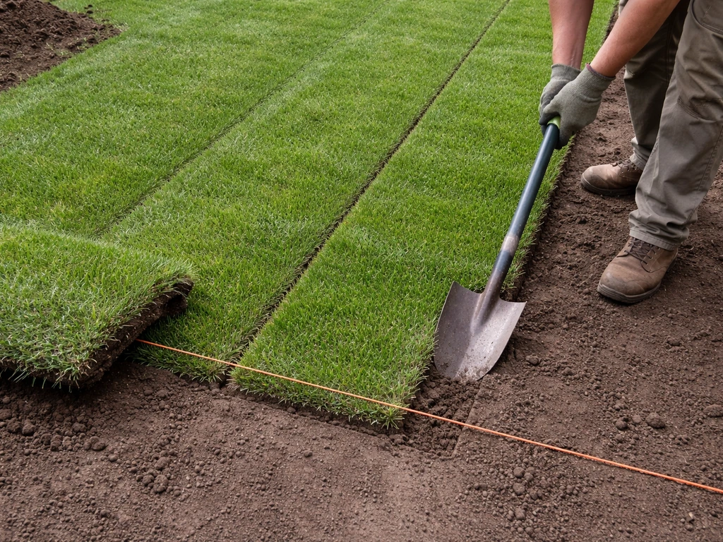 Bovenaanzicht van graszoden die langs rechte snijlijnen worden afgestoken; een rij wordt net losgestoken.