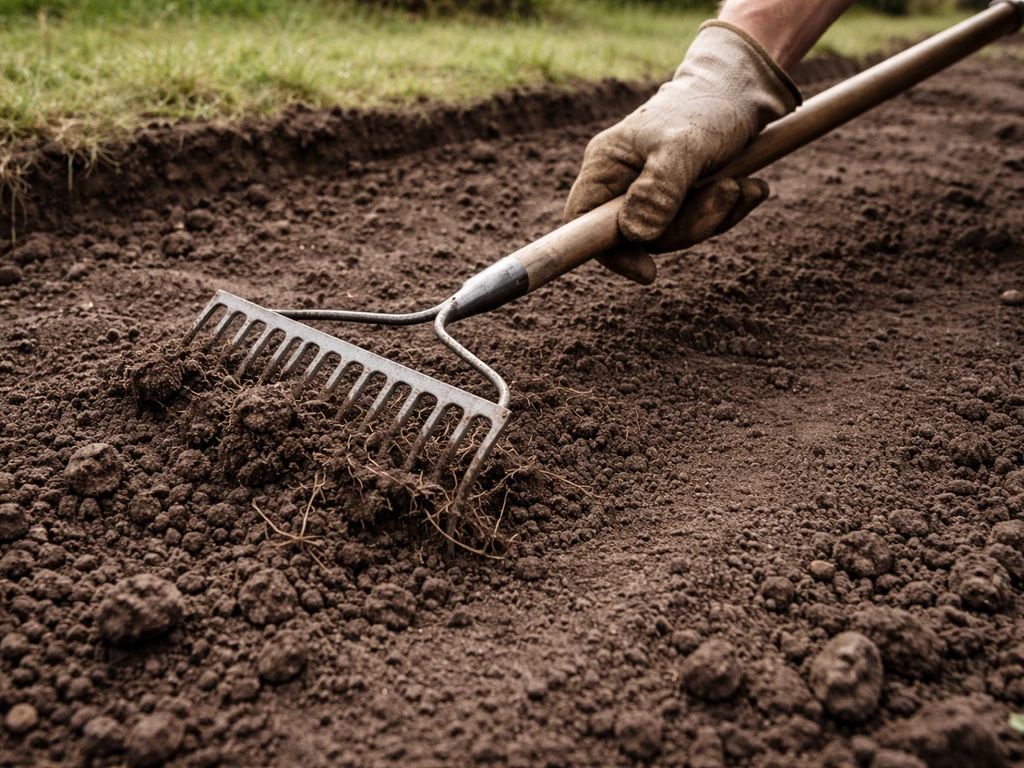 Close-up van een tuinier die met een hark losse kluiten en wortelresten wegwerkt om de grond vlak te maken.