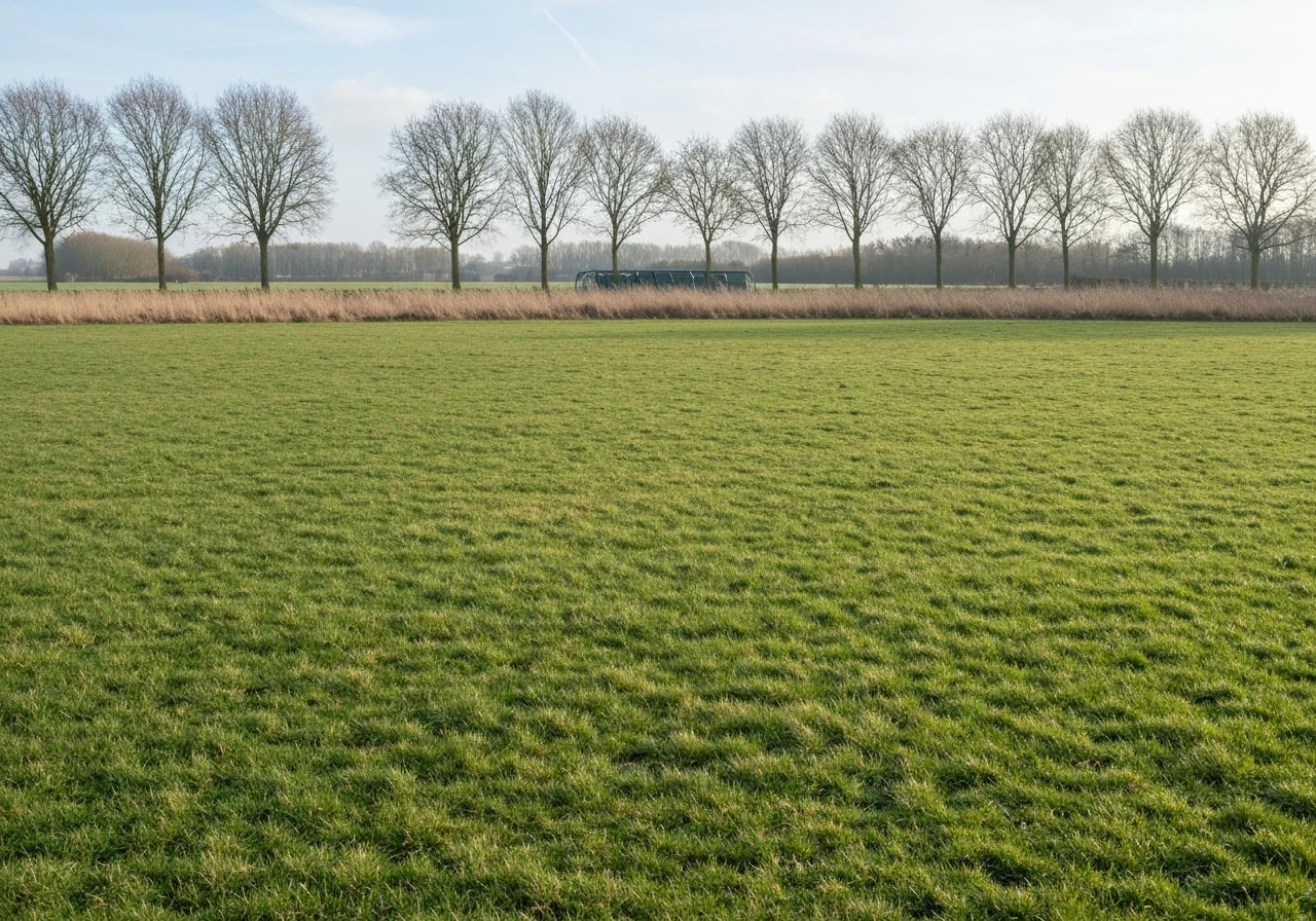 Bovenaanzicht van gazon met te kort gemaaide, beschadigde plekken en een begin van herstel in de buurt.