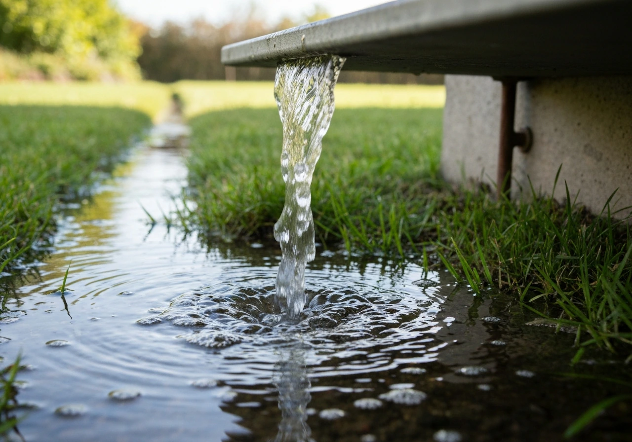 Sproeier of tuinslang die gericht diep water geeft op een herstellend gazon, met eenvoudig tuinpad op de achtergrond.