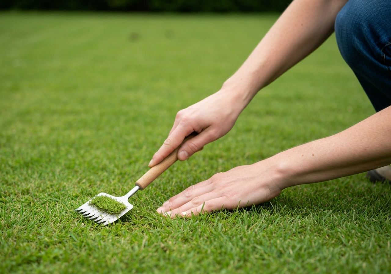 Hand met hark maakt stroken los en graszaad wordt op kale plekken in het gazon uitgestrooid.