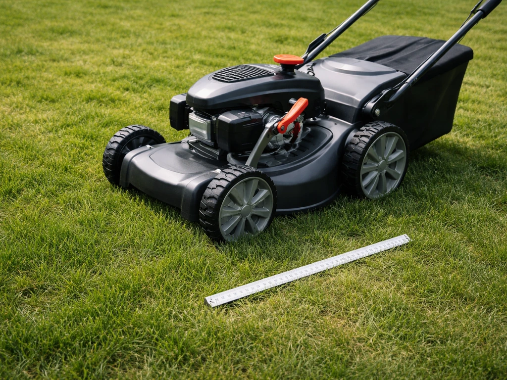 Grasmaaier met zichtbare maaihoogte-instelling naast een meetlat op een grasveld.