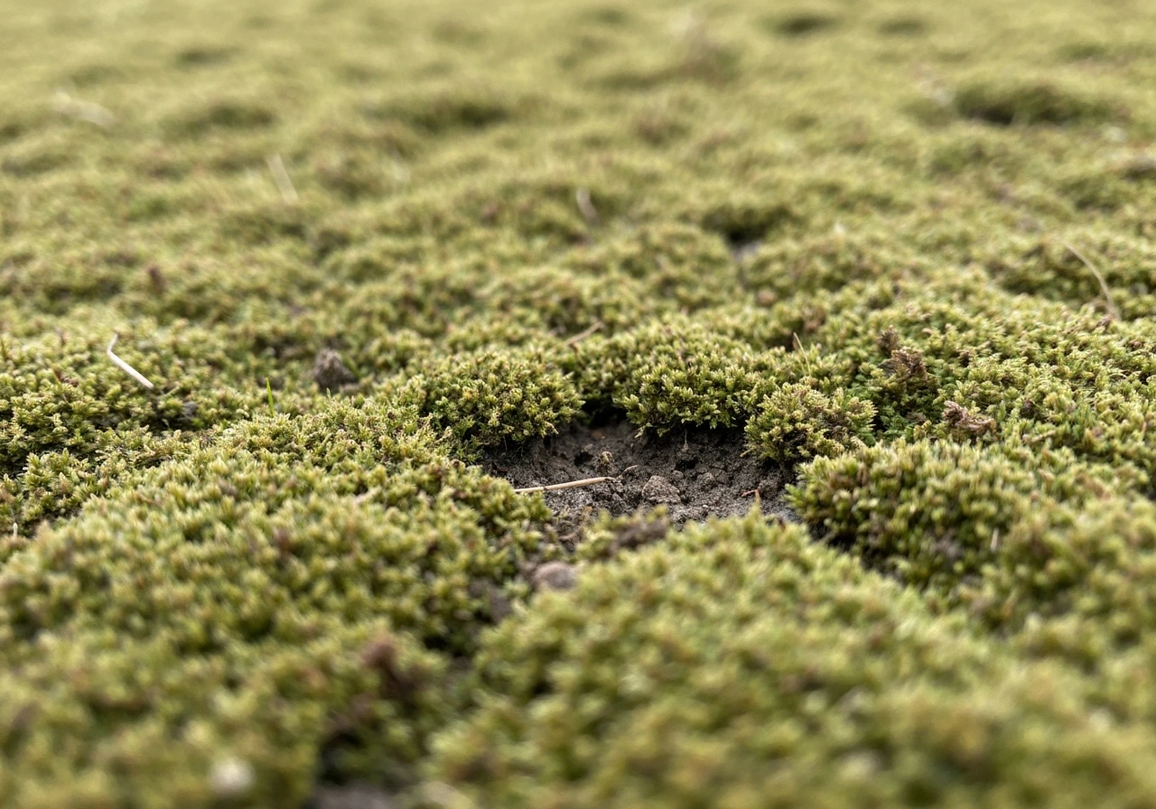 Mosvlekken en ingedrukte plekken in een gazon, met zichtbare bodemverdichting tussen groene sprieten.