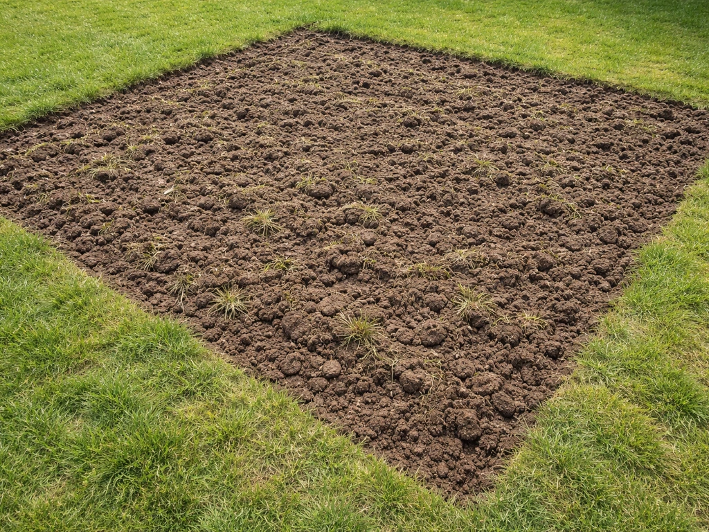 Bovenaanzicht van een vers gefreesd gazon met overgang naar nog ongedeerd gras voor grasrenovatie.
