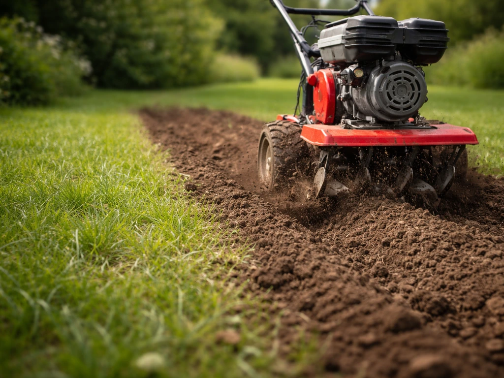Tuinfrees freest een gazon, met zichtbare freesdiepte en omgewoelde grond in het voorjaar.