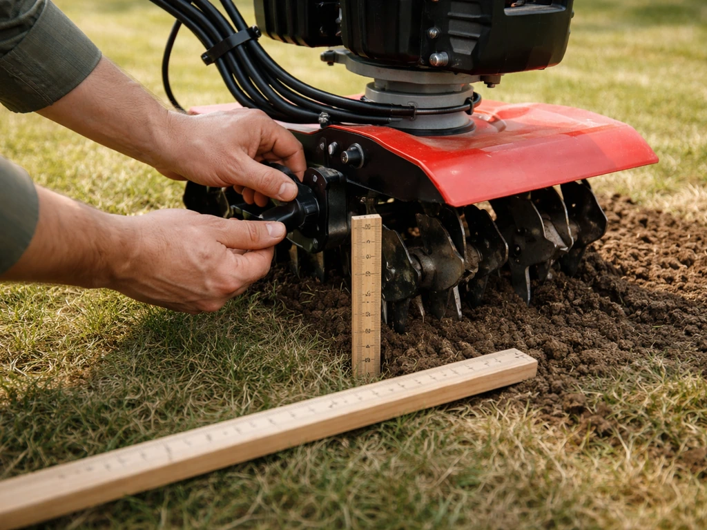 Monteur stelt een grasfrees in en controleert de freesstand met een meetlat naast de machine, 5–7 cm.