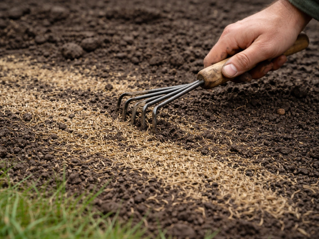 Hand en kleine hark die graszaad licht inwerkt in een vochtige, net klaargemaakte tuinbodem.