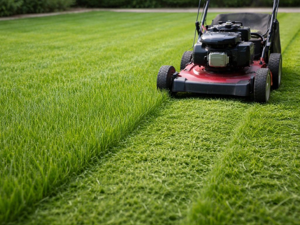 Nieuw ingezaaid gazon van 8–10 cm met een grasmaaier op lage stand, vers gras na de eerste maaibeurt.